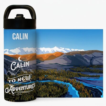 Thermosflasche mit Griff und personalisiertem Strohhalm mit Namen – New Adventures