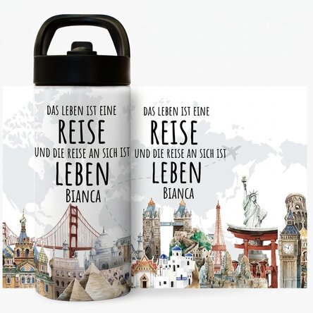 Thermoskanne mit Griff und personalisiertem Strohhalm mit Namen – Reisen ist das Leben