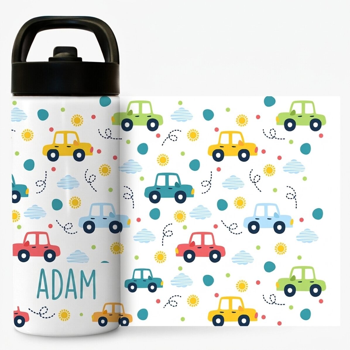 Thermosflasche mit Griff und personalisiertem Strohhalm mit Namen – Spielzeugautos