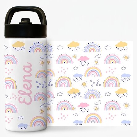 Thermosflasche mit Griff und personalisiertem Strohhalm mit Namen – Regenbogen