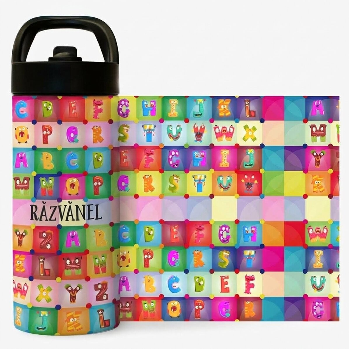 Thermosflasche mit Griff und personalisiertem Strohhalm mit Namen – Alphabet