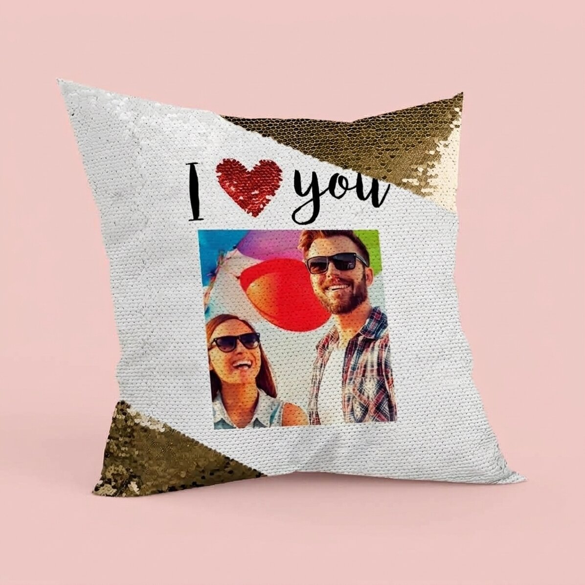Personalisiertes Kissen mit Foto – „I love you“ – goldene Pailletten