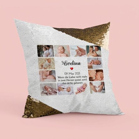 Personalisiertes Kissen mit 12 Fotos und Text – Baby mit goldenen Pailletten