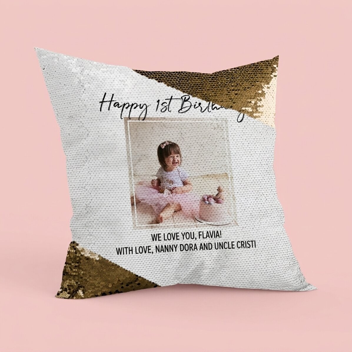 Personalisiertes Kissen mit Foto und Text – Happy Birthday – goldene Pailletten