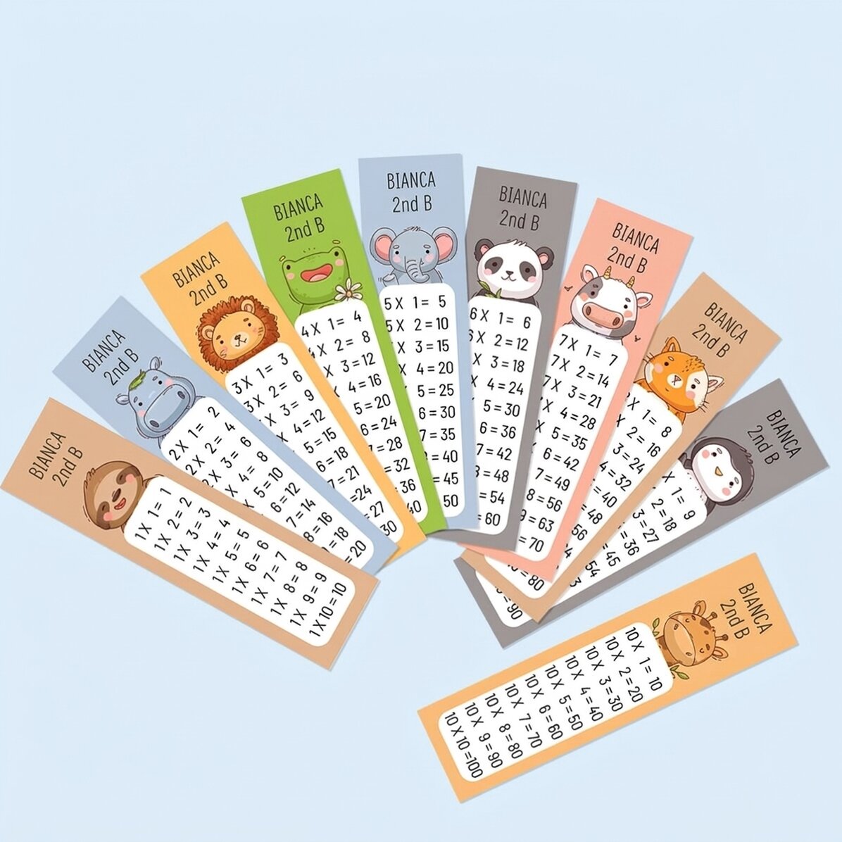Set mit 10 personalisierten Lesezeichen mit Text – Multiplikationstabelle