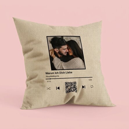 Personalisiertes Kissen mit Foto, Text und QR-Code – Unser Lied – In