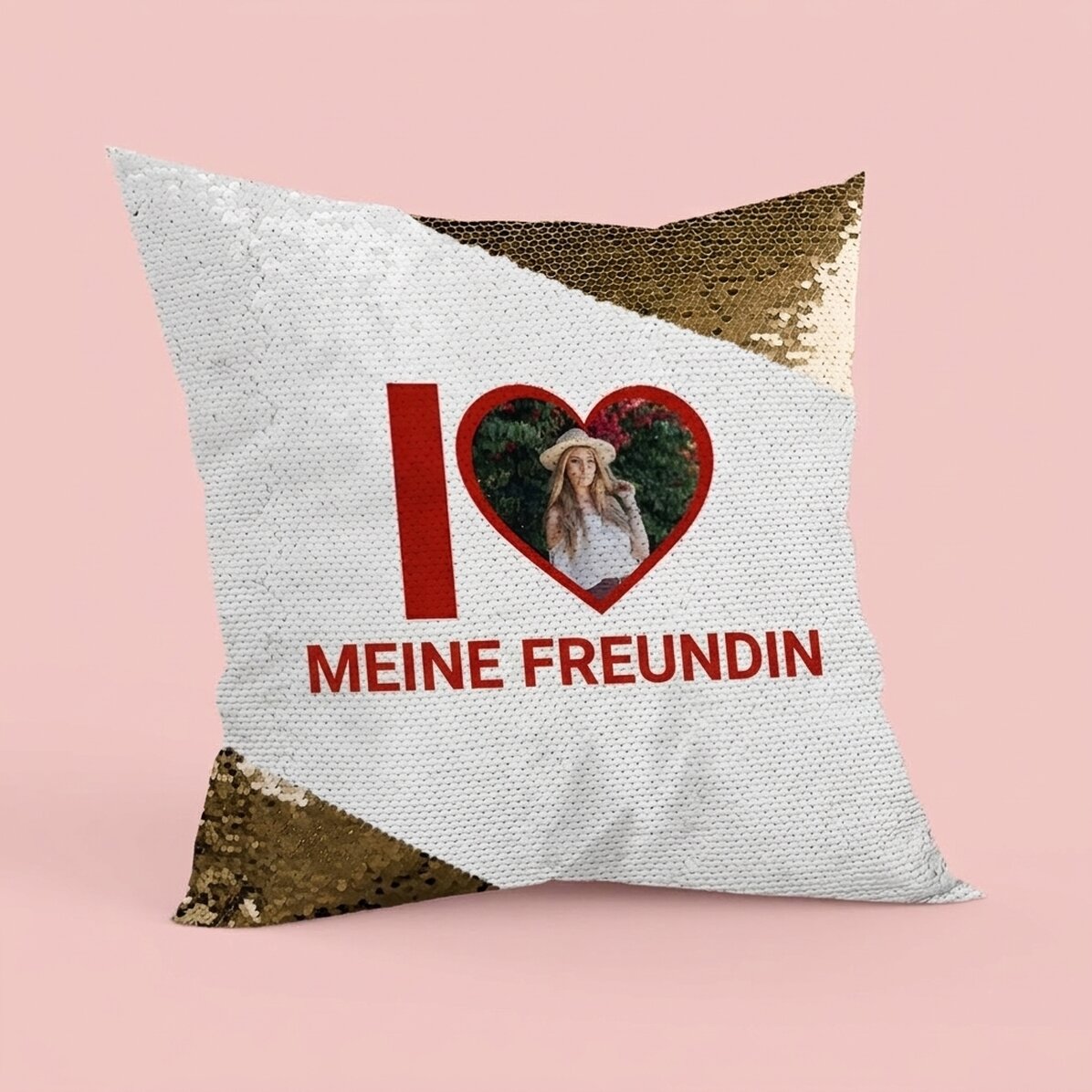 Personalisiertes Kissen mit Foto und Text – „I love my girlfriend“ – Goldfäden