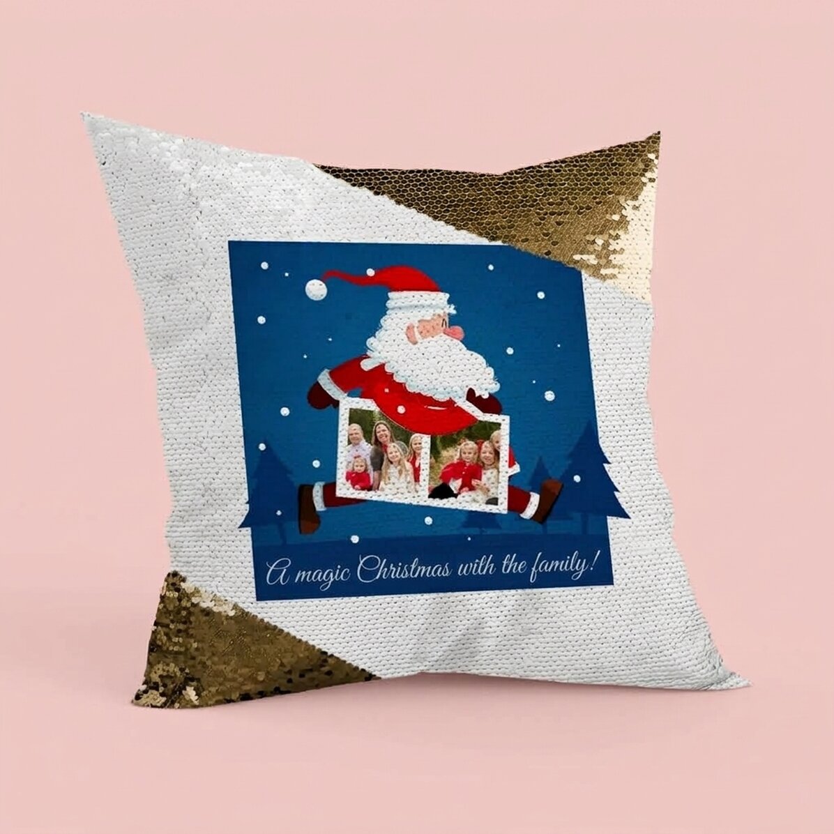 Personalisiertes Kissen mit zwei Fotos und Text – Weihnachtsmann – goldene Pailletten