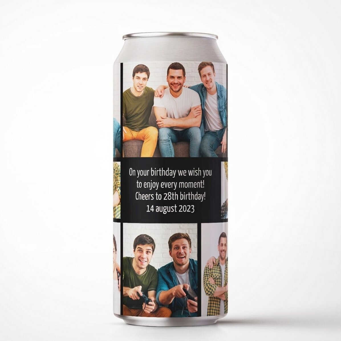 Bier in einer individuell gestalteten Dose mit einer Botschaft und einer Fotocollage