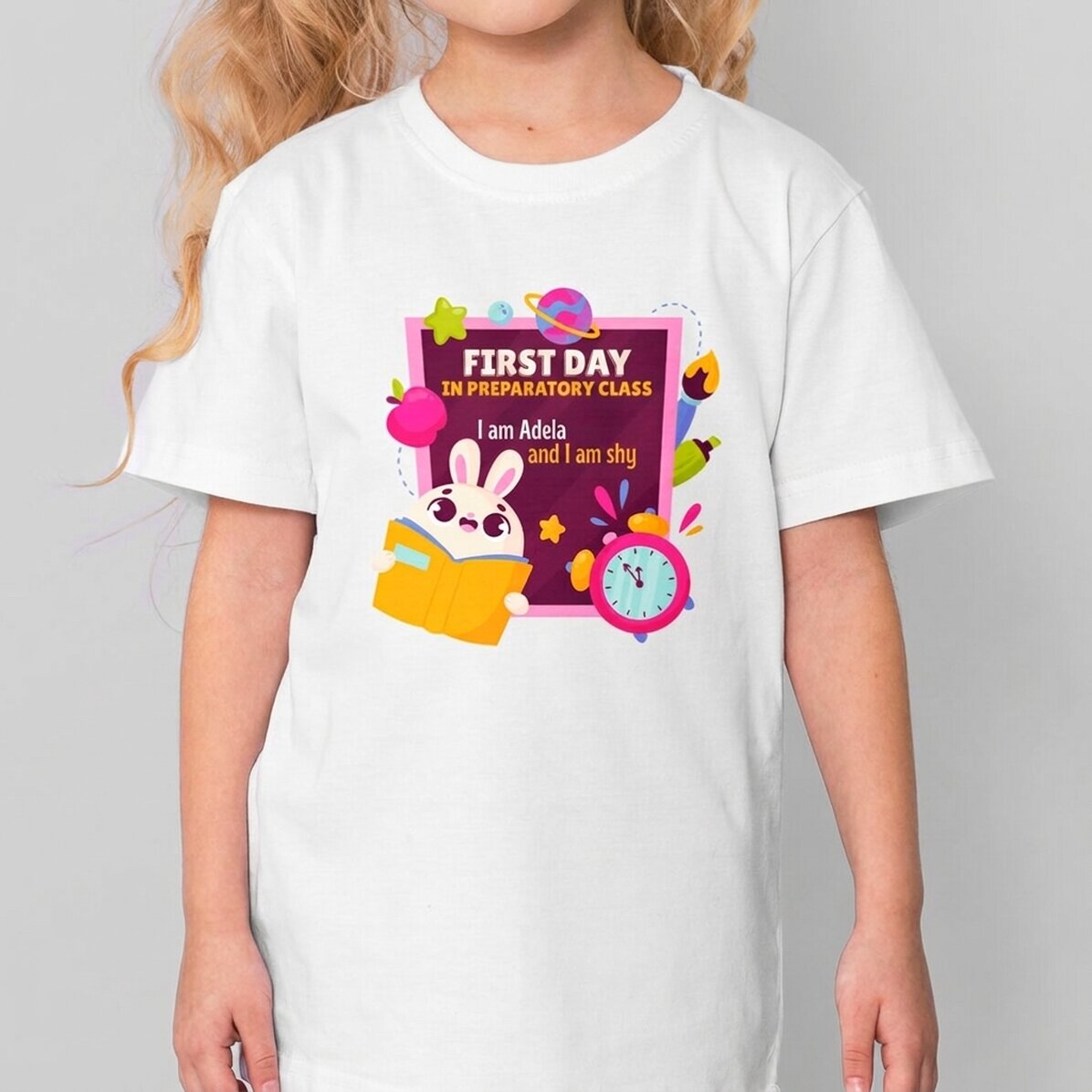 Baumwoll-T-Shirt für Mädchen, individuell mit Text bedruckt – Der erste Tag in der Vorschule