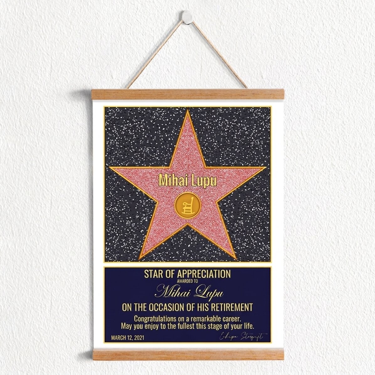 Individuell gestaltetes Poster mit Aufhänger und Text – Stern der Dankbarkeit zum Ruhestand