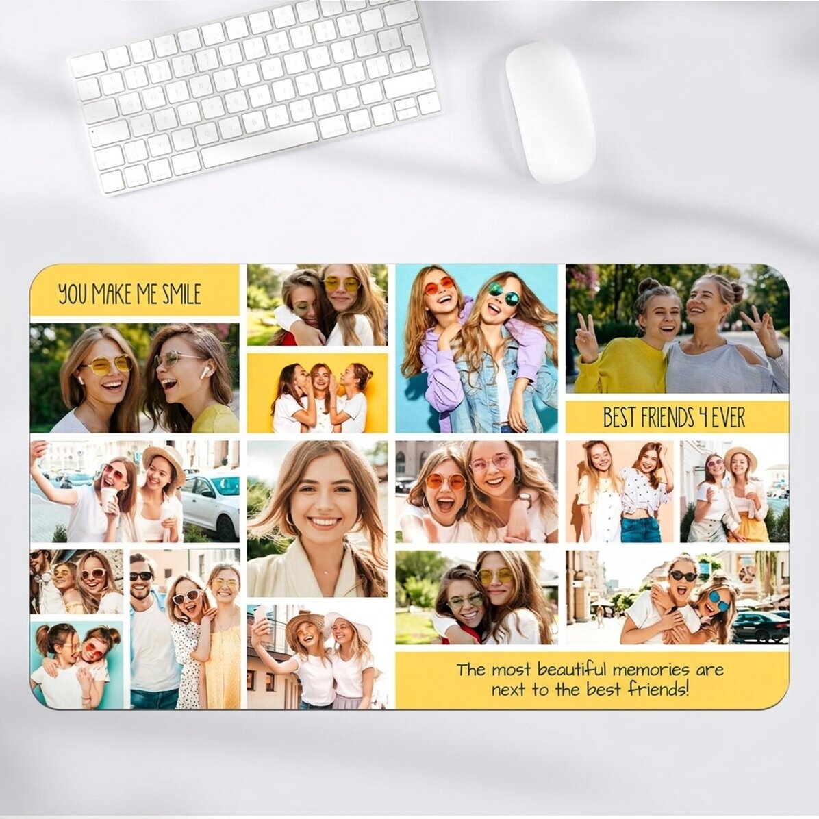 Individuell gestaltetes XXL-Mauspad mit einer Fotocollage und Text