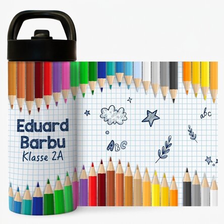 Thermosflasche mit Griff und personalisiertem Strohhalm mit Namen – Buntstifte