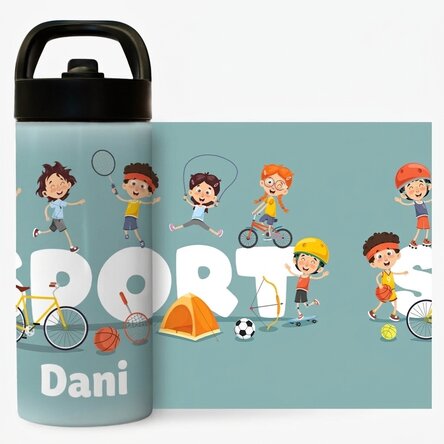 Thermosflasche mit Griff und personalisiertem Strohhalm mit Namen für Kinder – Sport