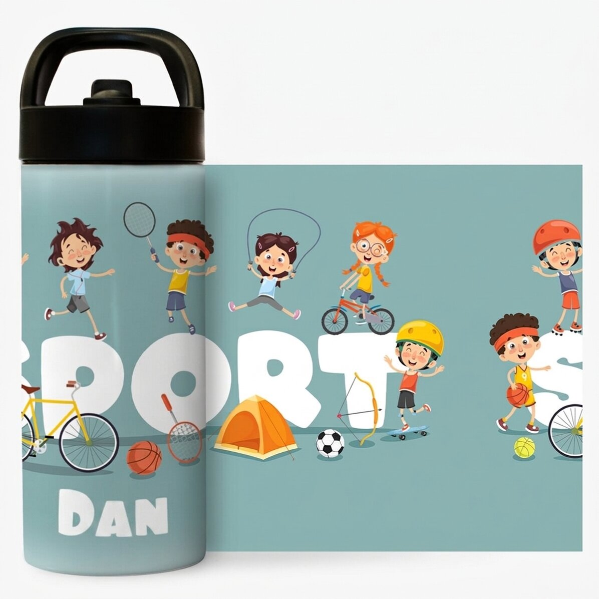 Thermosflasche mit Griff und personalisiertem Strohhalm mit Namen für Kinder – Sport