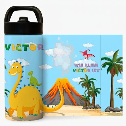 Thermosflasche mit Griff und personalisiertem Strohhalm für Kinder – Dino