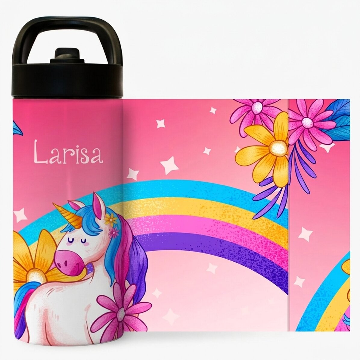 Thermosflasche mit Griff und personalisiertem Strohhalm für Kinder – Einhorn