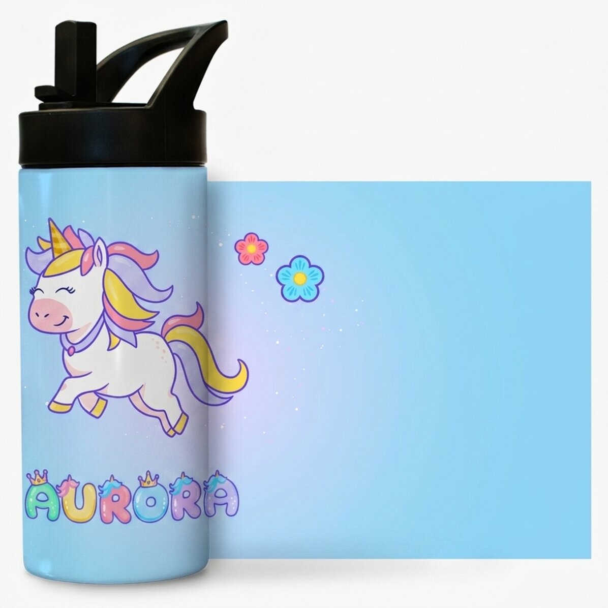 Thermosflasche mit Griff und personalisiertem Strohhalm mit Namen – Einhorn