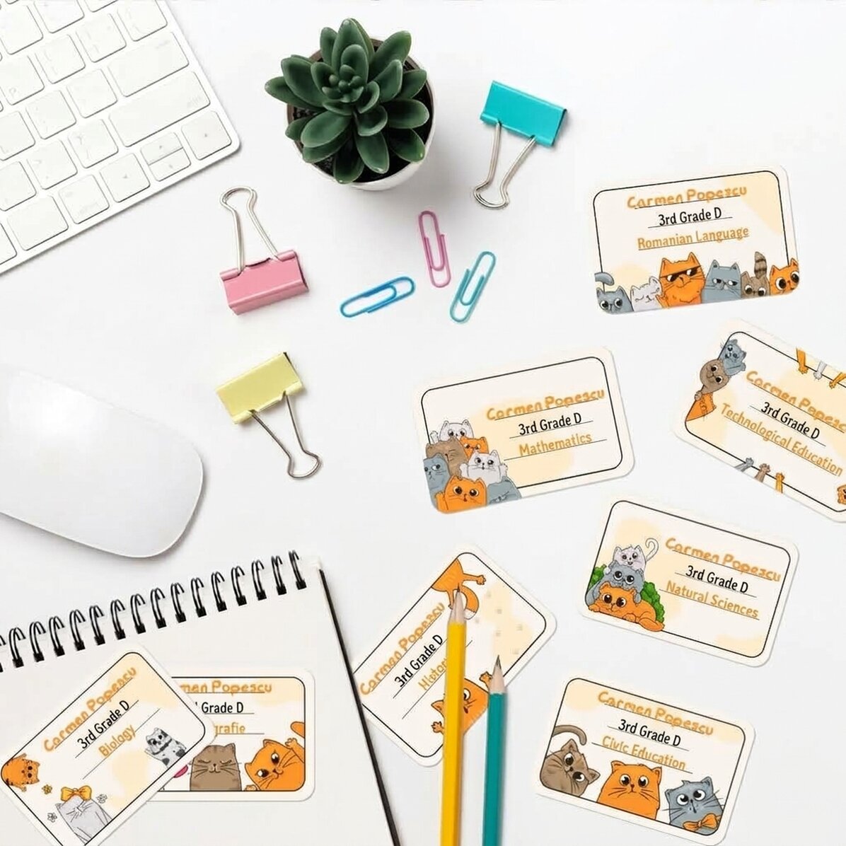Set mit 8 personalisierten Aufklebern (selbstklebende Etiketten) für die Schule mit Text – Kittens