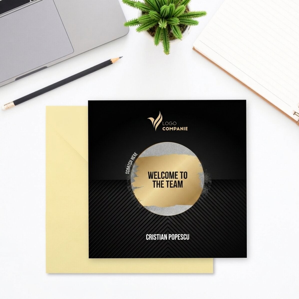 Individuell gestaltete Rubbelkarte mit Logo und Text – Welcome