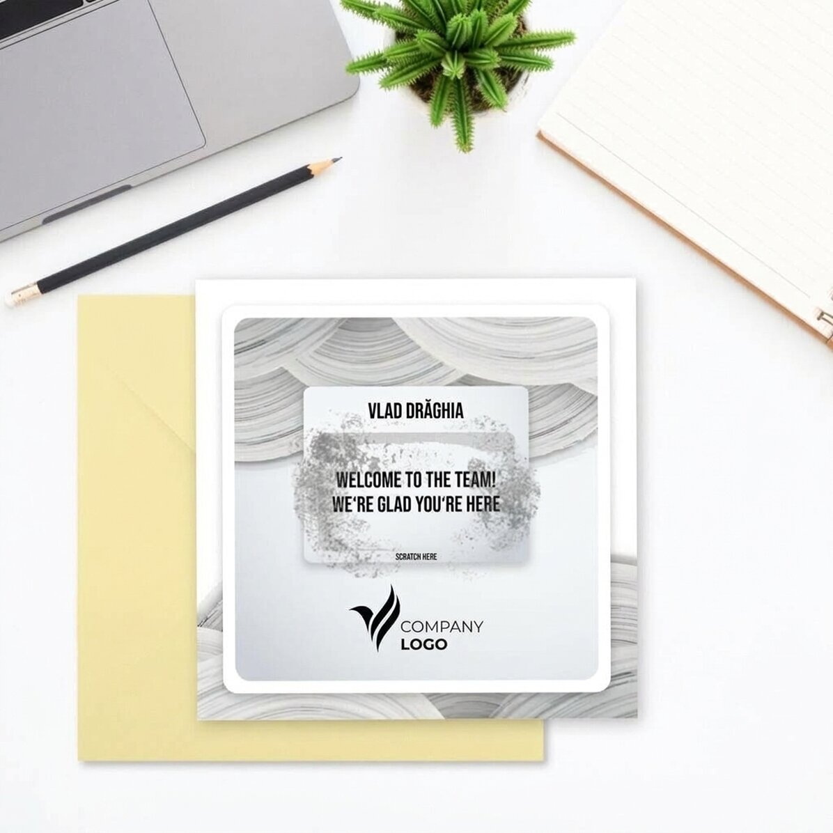 Individuell gestaltete Rubbelkarte mit Logo und Text – White Welcome