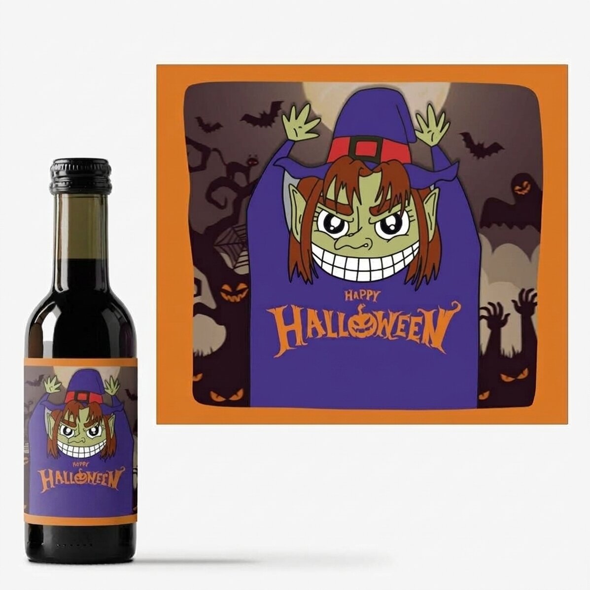 Personalisierte Mini-Weinflasche mit Aufdruck – Happy Halloween Witch