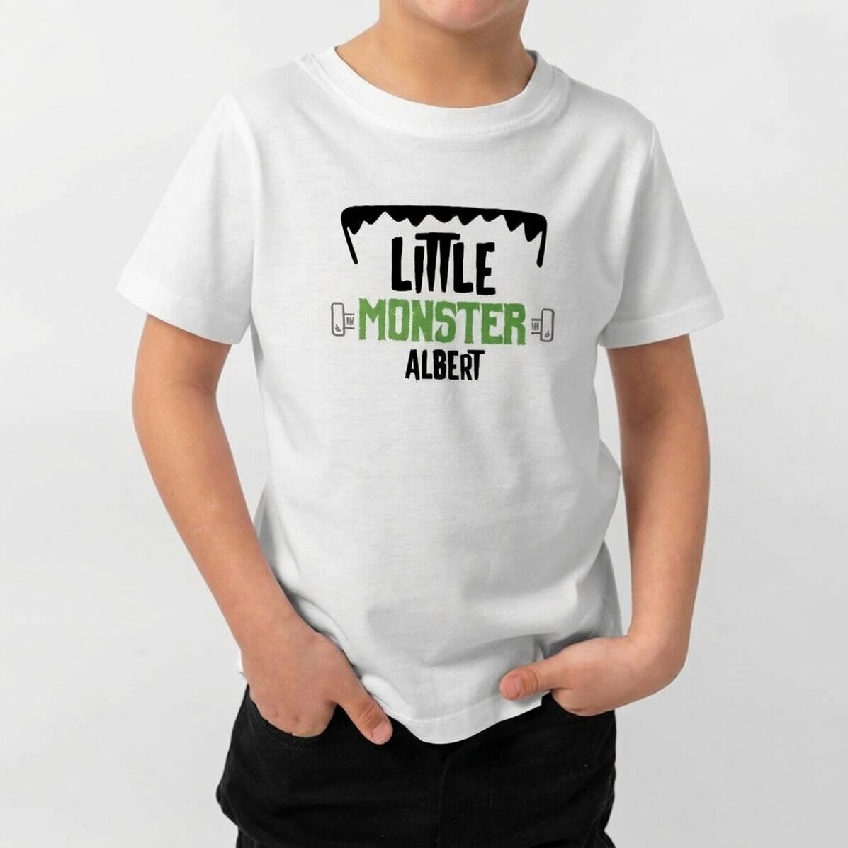 Individuell mit einem Text bedrucktes Halloween-Baumwoll-T-Shirt für Kinder – Little Monster