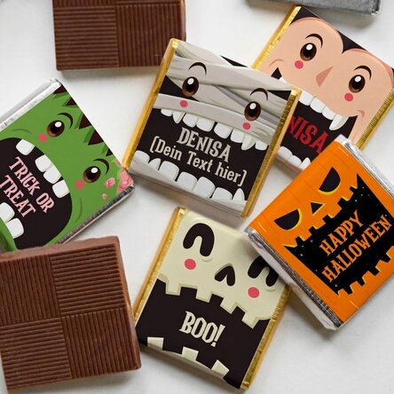 Set mit 5 personalisierten Mini-Pralinen mit Botschaft – Halloween-Figuren