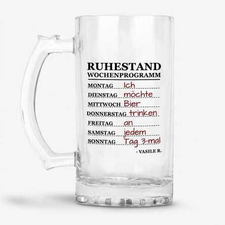 Personalisierter Bierkrug mit Text zum Ruhestand