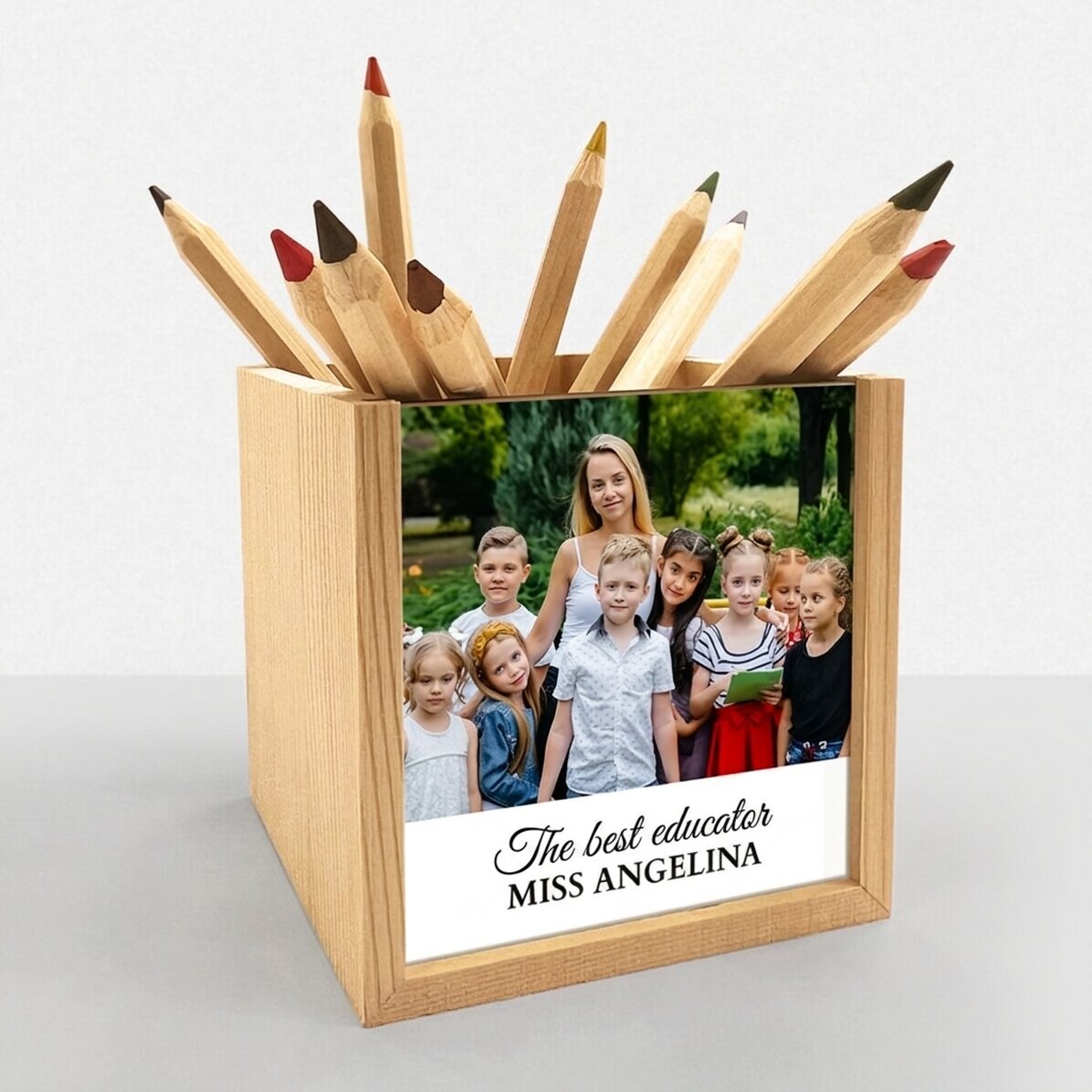 Individuell gestalteter Stifthalter mit Foto und Botschaft