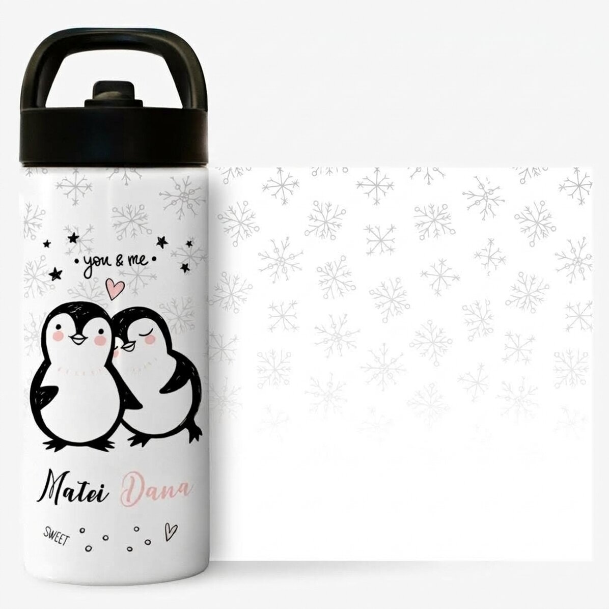 Thermoskanne mit Griff und personalisiertem Strohhalm mit Text – You & Me