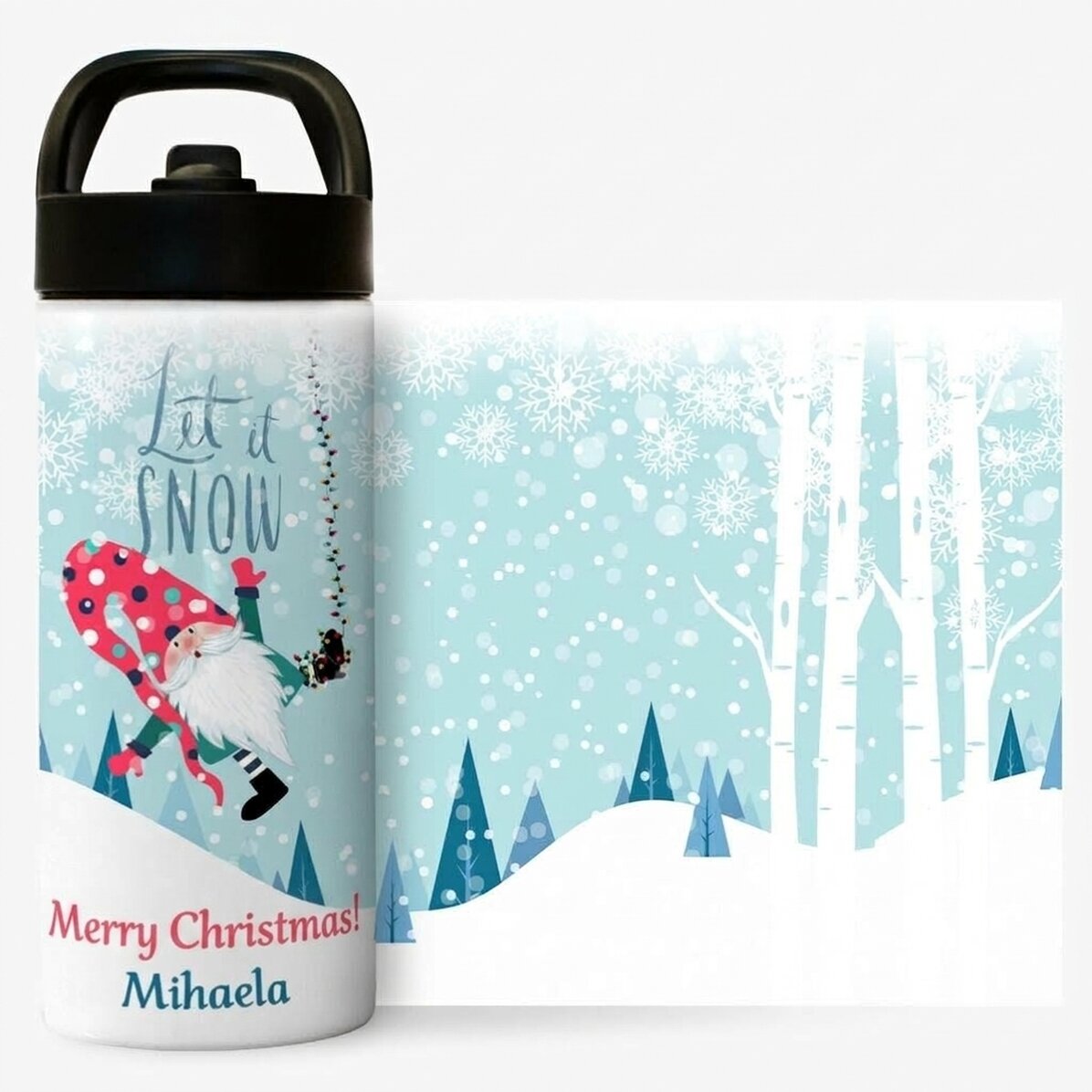 Thermosflasche mit Griff und personalisiertem Strohhalm mit dem Aufdruck „Let it snow“