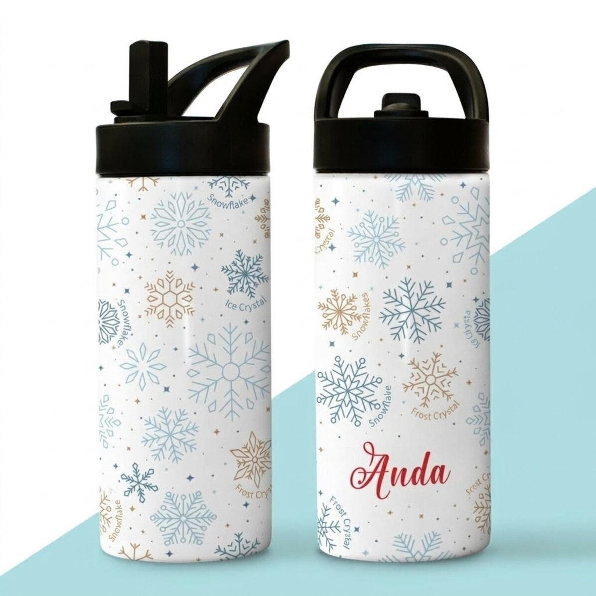 Thermosflasche mit Griff und personalisiertem Strohhalm mit Namen – Schneeflocken