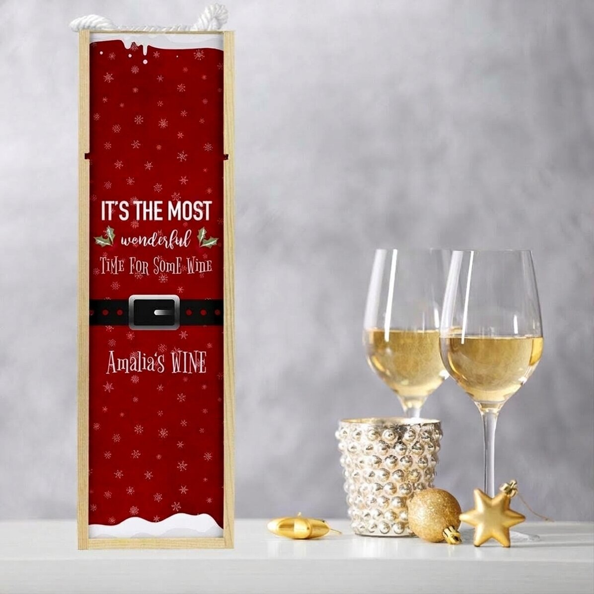 Personalisierte Weinkiste mit Weihnachtstext – „Most wonderful time“