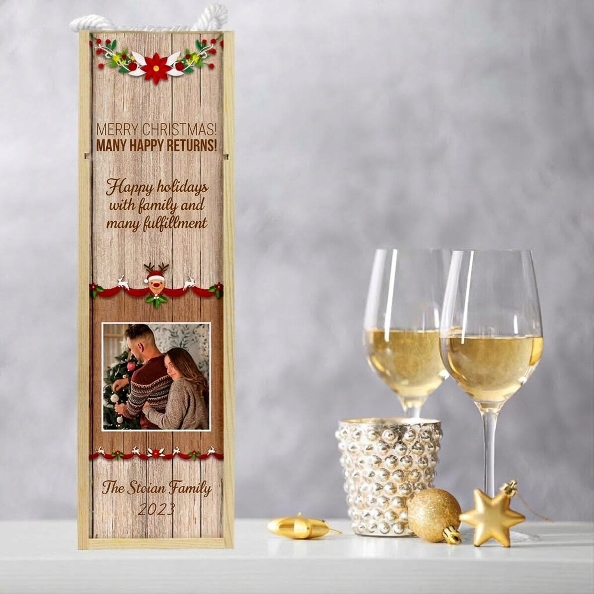 Personalisierte Weinkiste mit Foto und Text – Weihnachtsmotiv