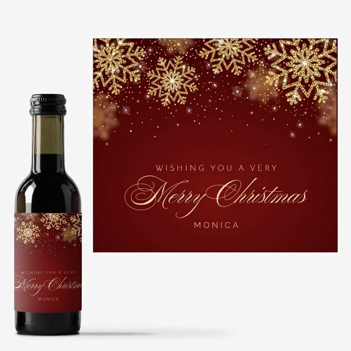 Personalisierte Mini-Weinflasche mit Text – Golden Snowflakes