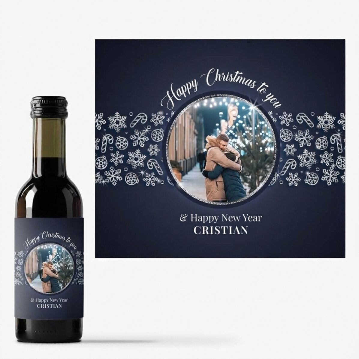 Personalisierte Mini-Weinflasche mit Foto und Text – Shiny Snowflakes