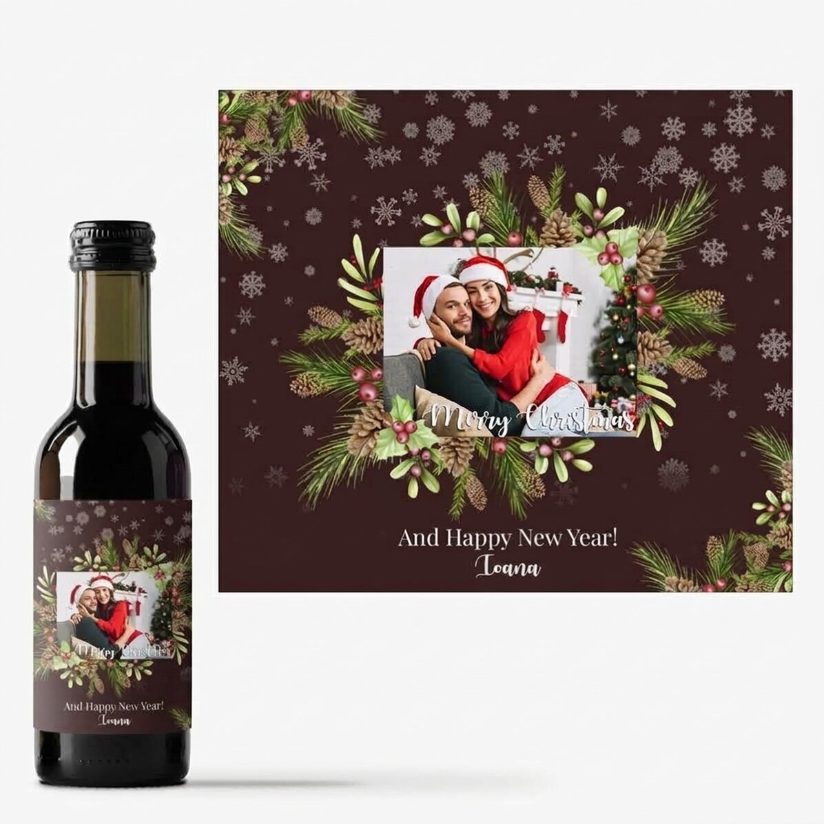 Personalisierte Mini-Weinflasche mit Foto und Text – Weihnachtsdekoration