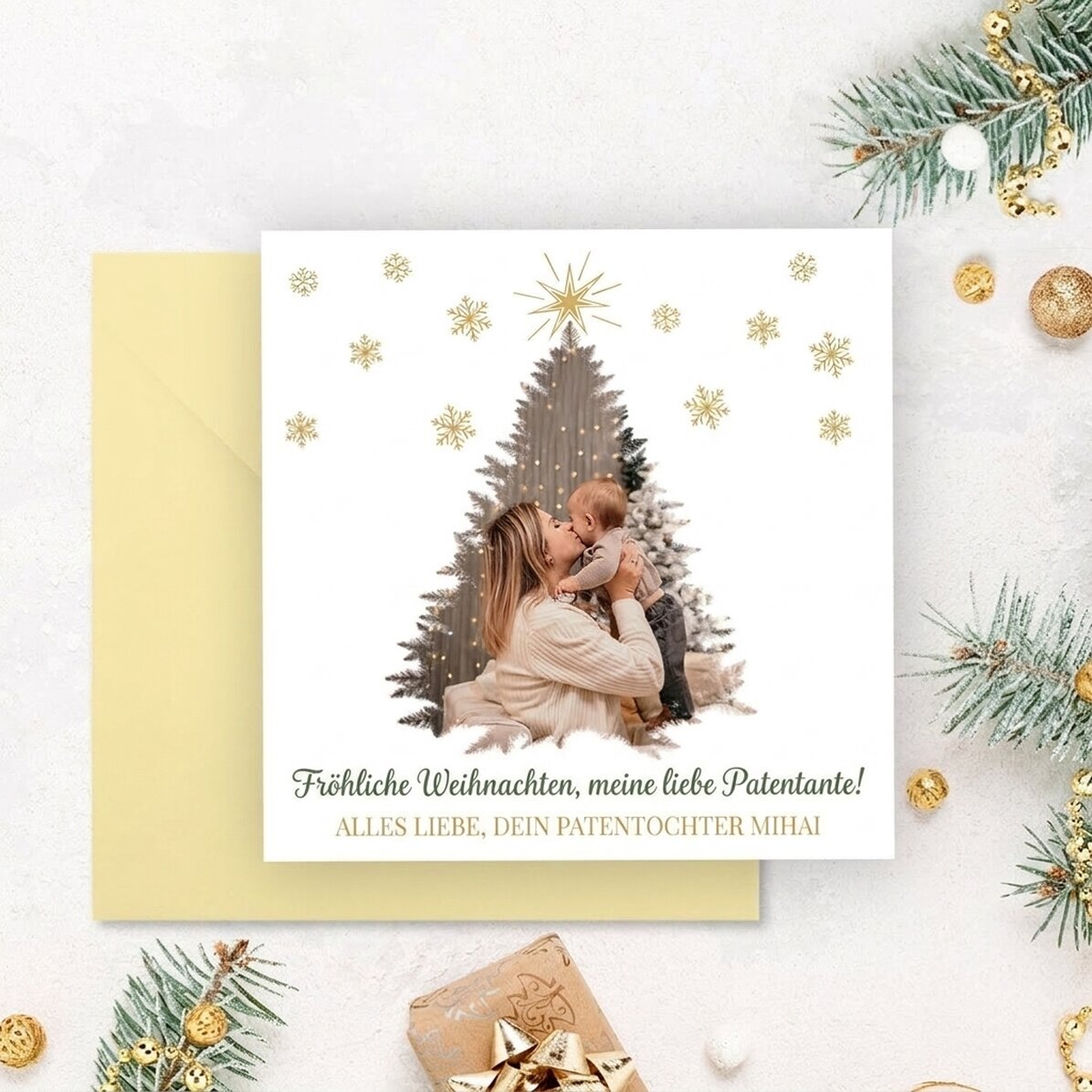 Individuell gestaltete quadratische Karte mit Foto und Grußtext – Frohe Weihnachten!