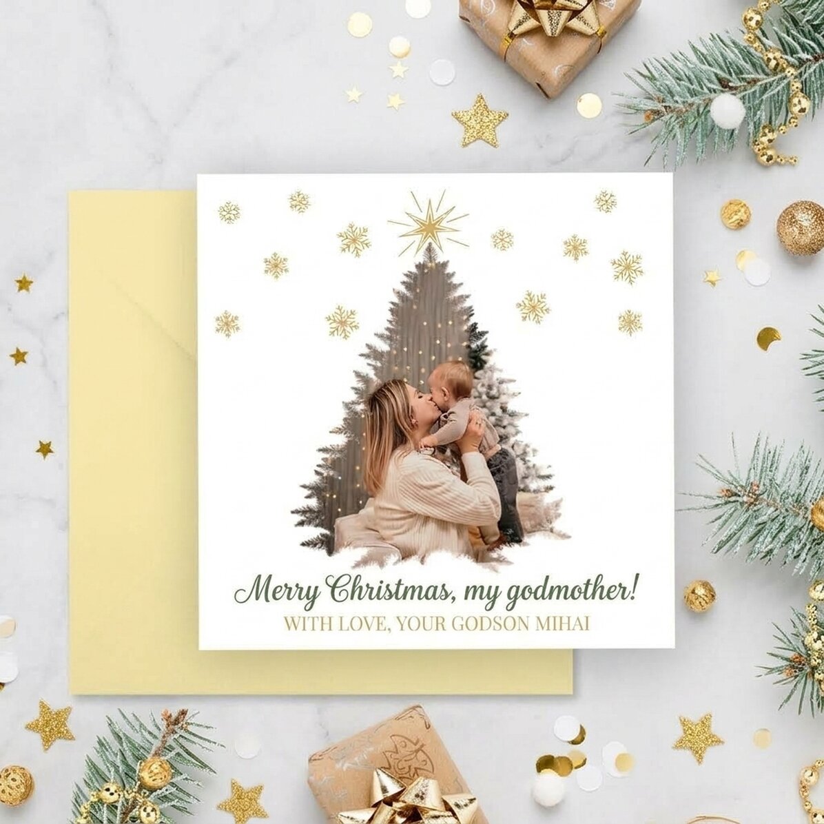 Individuell gestaltete quadratische Karte mit Foto und Grußtext – Frohe Weihnachten!