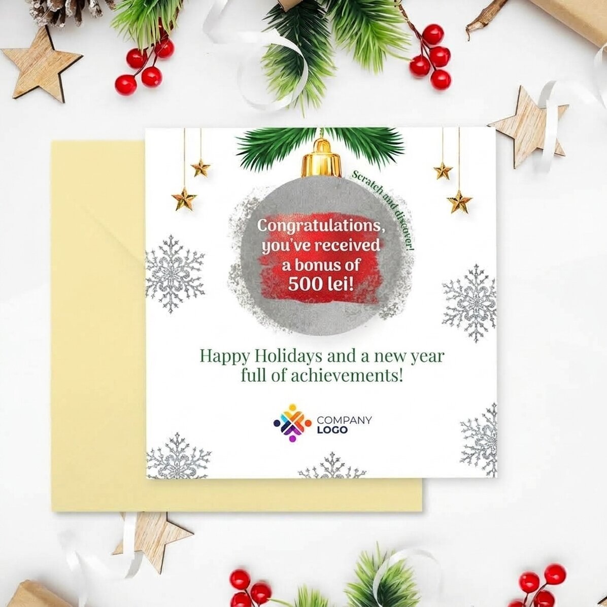 Individuell gestaltete Rubbelkarte mit Logo und Botschaft – Weihnachtsüberraschung