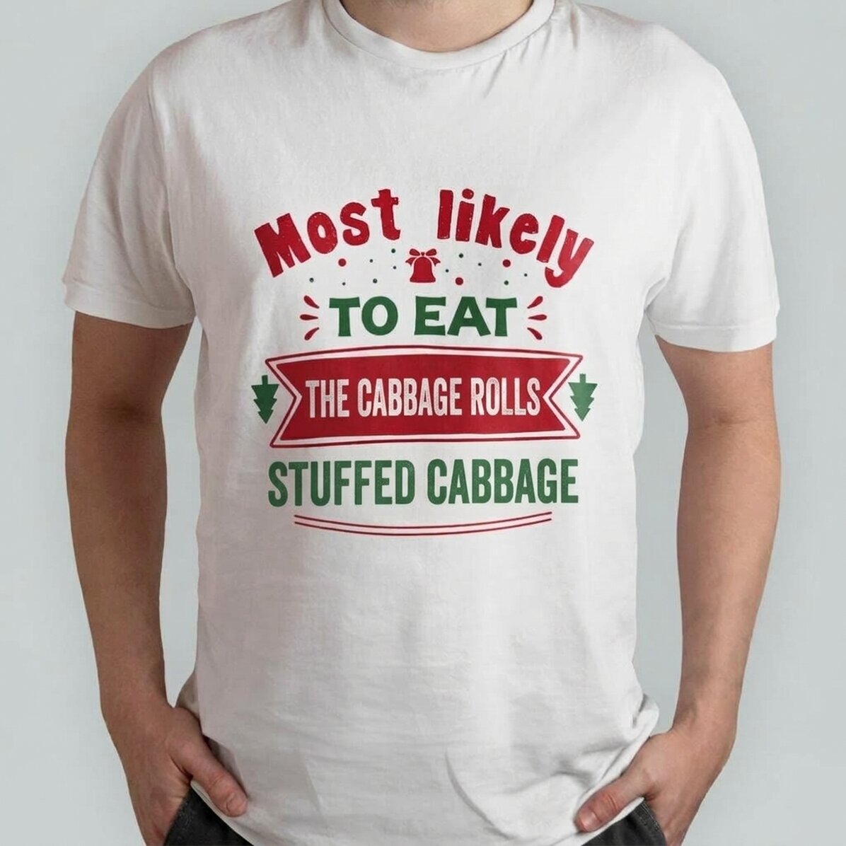 Personalisiertes Baumwoll-T-Shirt mit Aufdruck – „Most likely to eat“