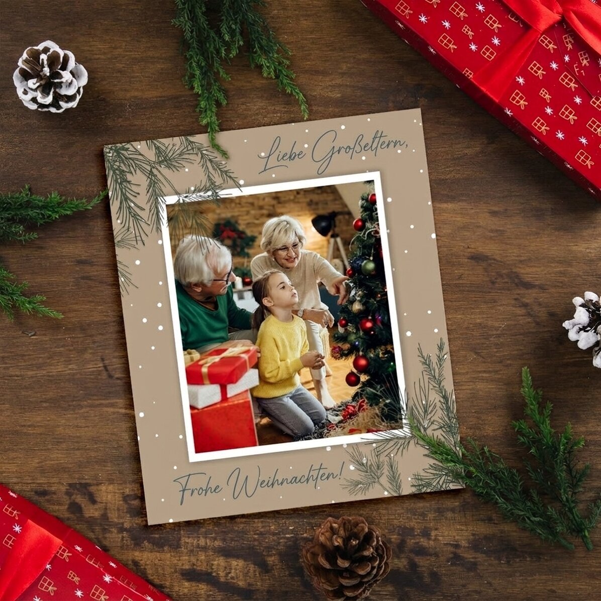 Personalisiertes Foto im Format 10 x 12 cm mit Text und Bild – Tannenzweige
