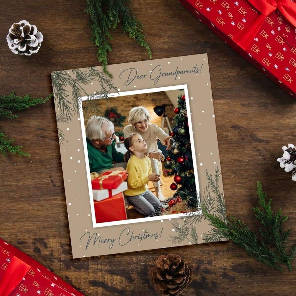 Personalisiertes Foto im Format 10 x 12 cm mit Text und Bild – Tannenzweige