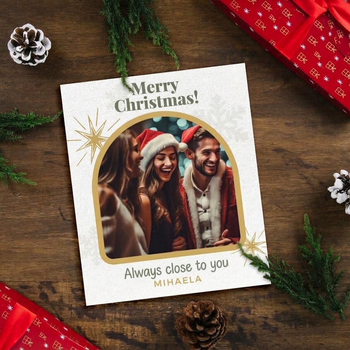 Personalisiertes Foto im Format 10 x 12 cm mit Text und Bild – Snowflakes & Stars