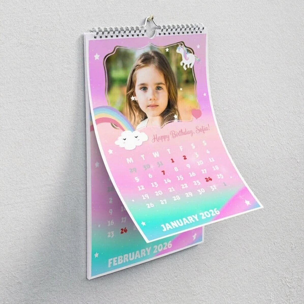 Individuell gestalteter Kalender für Kinder mit Fotos und Text – Einhorn