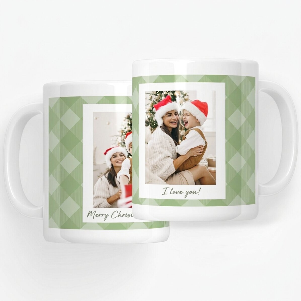 Personalisierte Tasse mit zwei Fotos und Text – Grüne Karos