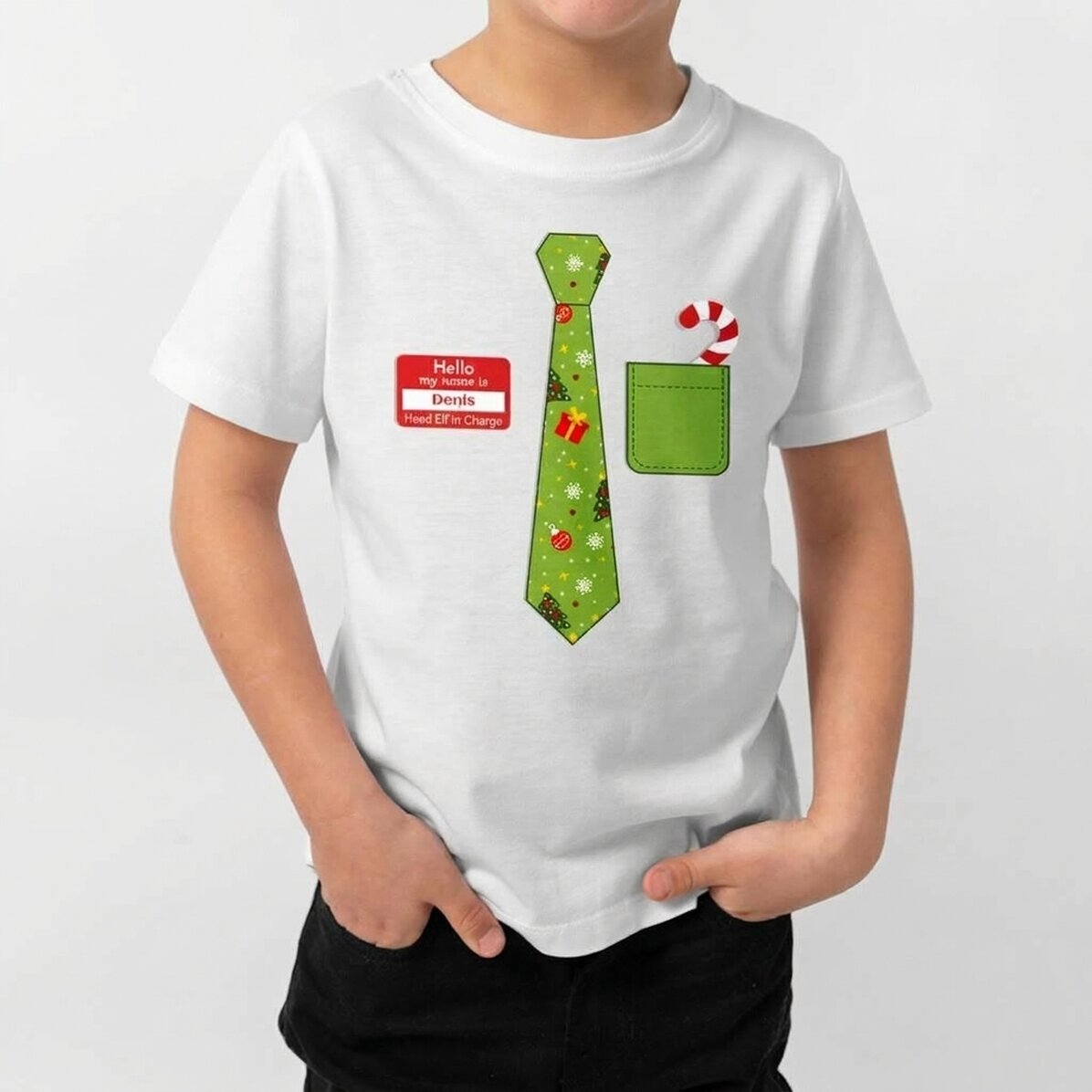 Personalisiertes Baumwoll-T-Shirt für Kinder mit Aufdruck – Weihnachtskrawatte