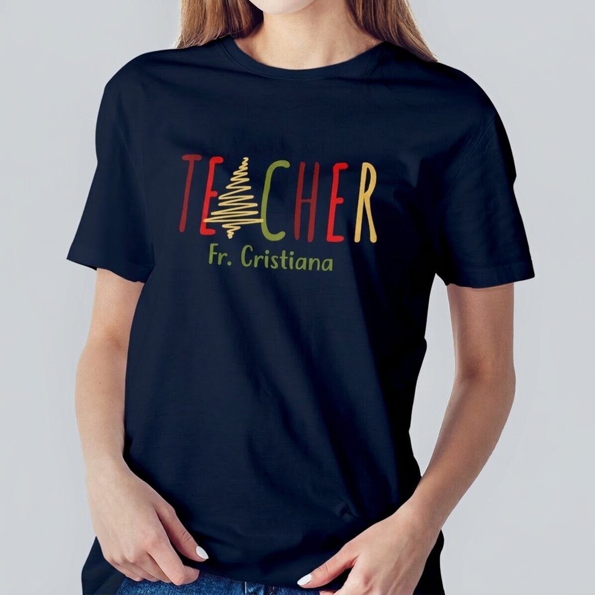 Personalisiertes Baumwoll-T-Shirt mit Namen – Christmas Teacher