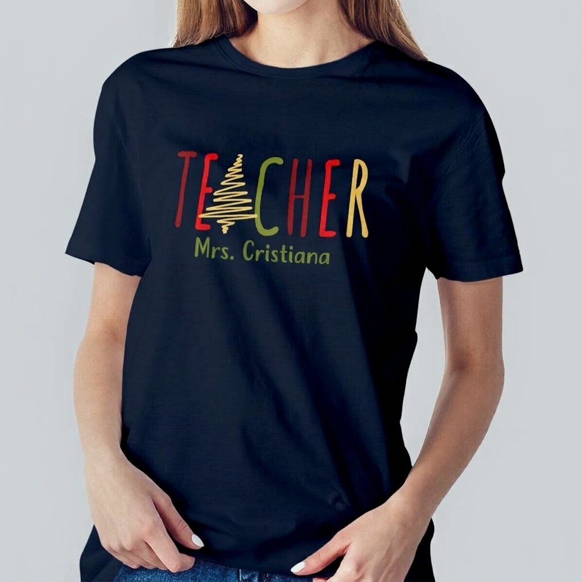 Personalisiertes Baumwoll-T-Shirt mit Namen – Christmas Teacher
